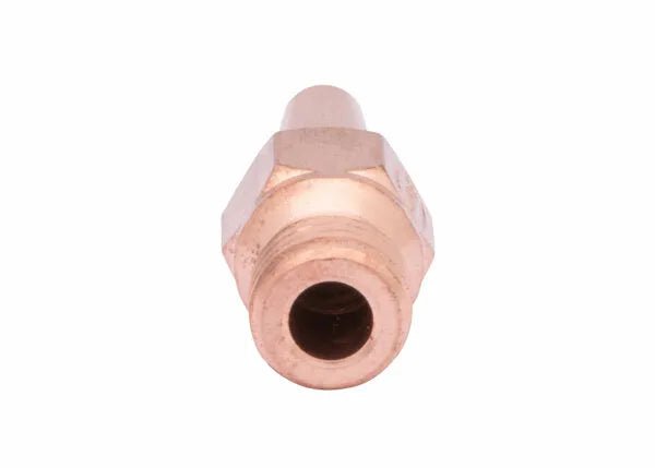 Close-up of a tellurium copper hexagonal fitting or connector with a central circular opening, viewed from the threaded end against a white background.
