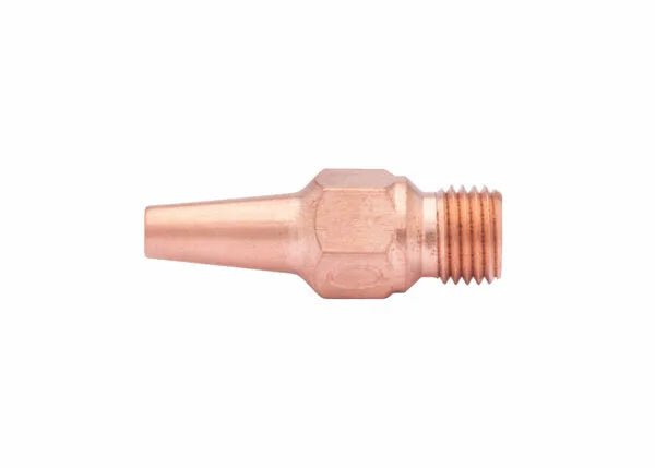 Close-up of a Harris welding tip made from tellurium copper, featuring a threaded end on the right and a smooth, tapered nozzle on the left, isolated on a white background.