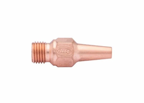 Tellurium copper Harris welding tip with a threaded end and tapered nozzle, photographed against a white background.