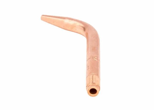 A tellurium copper tip for a welding or cutting torch, featuring a bent nozzle and threaded end, ideal for precision work. This Harris 5090 acetylene welding tip is isolated on a white background.