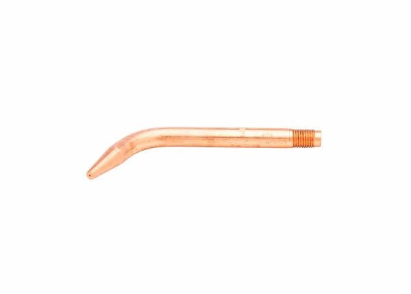 A Harris 5090 acetylene welding tip with a threaded end and a slightly bent nozzle, made from durable tellurium copper, isolated on a white background.