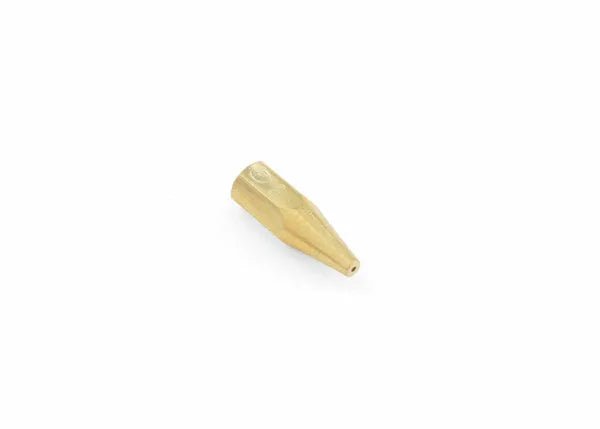 A small, gold-colored metal object with a hexagonal base tapering to a narrow tip, this Harris 8490 brazing tip is isolated on a white background.