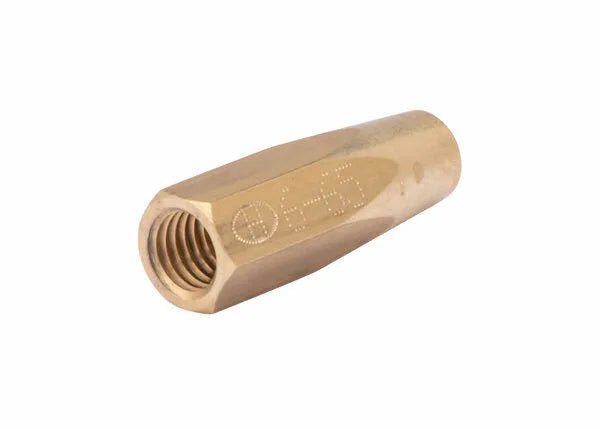 Close-up of a brass coupler nut with internal threads and hexagonal shape, featuring markings etched on the surface, shown alongside an OXY-ACETYLENE welding tip, isolated on a white background.