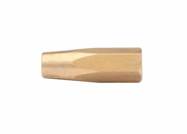 A brass hexagonal coupling nut with a tapered end, compatible with the Harris 8490-6 brazing tip, shown against a plain white background.