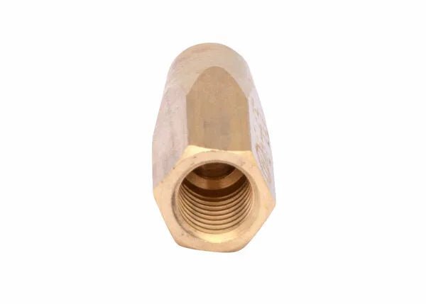 A close-up view of a brass hex coupling nut with internal threading, photographed against a white background, often used alongside a Harris 8490 brazing tip for precise welding applications.