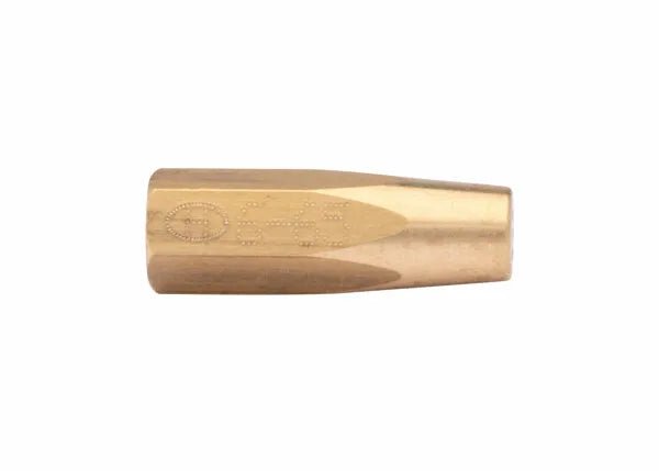 A brass Harris 8490 brazing tip with a slightly tapered shape and a smooth, polished surface, viewed from the side against a white background.