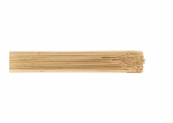 A bundle of slim, light brown bamboo skewers is shown aligned horizontally against a white background, resembling the precise arrangement of Harris Phos Bronze C TIG GTAW Welding Rods 3/32 x 36 (10lb Box - 03PHB50), with pointed ends visible on the right.