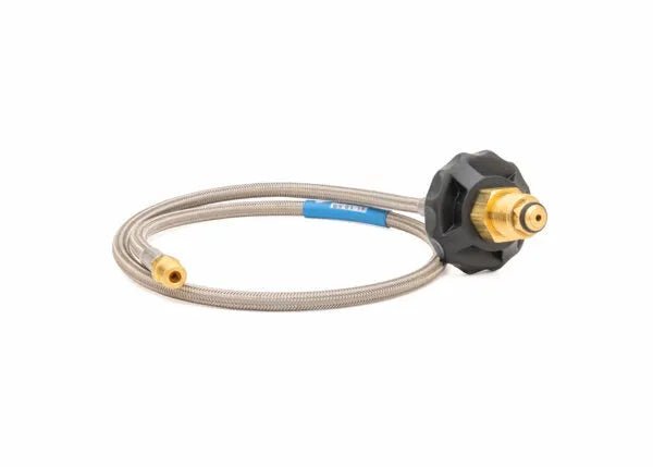 Harris PIGTAIL 72" SS-lined welding hose, 1/4" NPT brass fittings, propane connector, coiled, for WeldingMart tools.