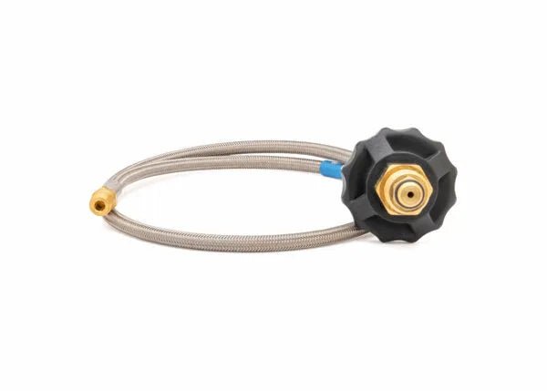 Harris PIGTAIL 72" armored hose, SS-lined, 1/4" NPT(F) x NPT(M), for welding equipment propane tank hookup. Model 9007828.