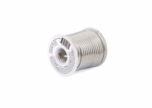 A spool of Harris 331756 Premium Silver Lead-Free Solid Wire Solder (0.118 in, 25 lb) with a white plastic reel lies on its side against a plain white background, showing tightly coiled wire and a labeled reel with text and a barcode.