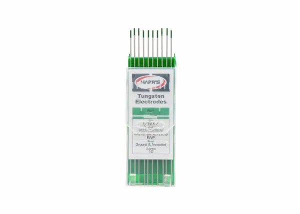 A clear plastic container holds 10 Harris Pure Ground Tungsten electrodes, 1/16 x 7 (2600930), green-tipped and ideal for TIG or aluminum welding.