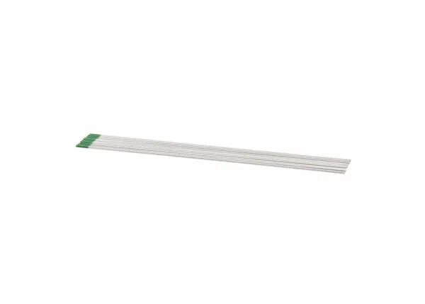 Five Harris Pure Ground Tungsten rods (1/16 x 7, 2600930) with green tips are laid side by side, evenly spaced and parallel, on a white background.