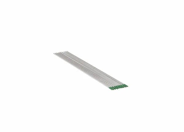 Ten Harris Pure Ground Tungsten electrodes, 1/16 x 7, each with a green tip, are arranged parallel and diagonally on a plain white background. Identical in size, theyre ideal for TIG and aluminum welding. Model: 2600930.