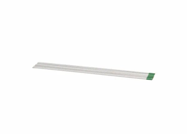 Ten Harris Pure Ground Tungsten electrodes (1/16 x 7) are arranged parallel on a white background, each featuring a green tip at one end and all tips aligned evenly.