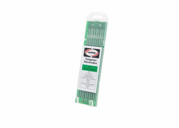 A clear plastic case contains Harris Pure Ground Tungsten - 1/16 x 7 10PK (2600930), featuring green-tipped electrodes ideal for TIG and aluminum welding. The label lists the specs, including Tungsten Electrodes, Green.