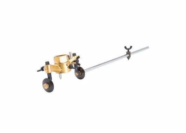 The Harris R-69-3B Circle Cutting Attachment (4300200) features two black wheels, a central pointed tip, and an adjustable clamp rod—perfect for scribing or drawing precise circles or arcs in woodworking or drafting.