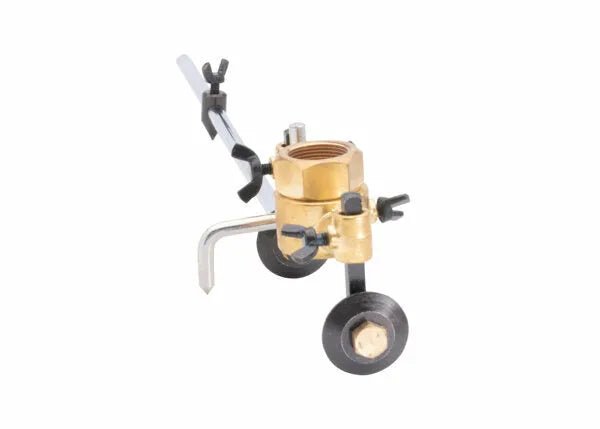 The Harris R-69-3B Circle Cutting Attachment - 4300200 features a cylindrical brass body, black adjustment knobs, a guiding arm, and black wheels for stable, precise straight-line or circular cutting with a metallic finish.