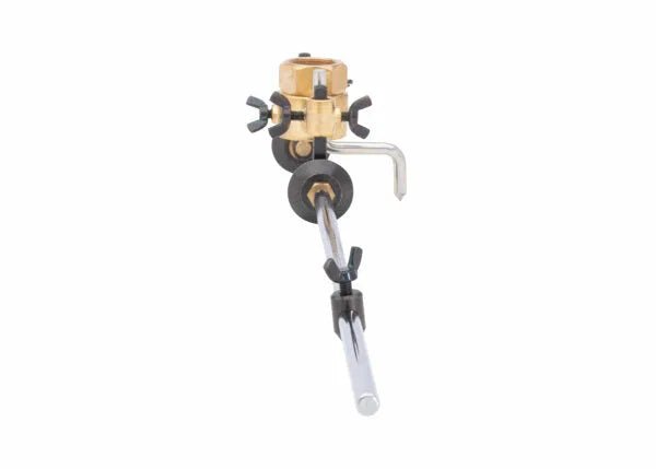The Harris R-69-3B Circle Cutting Attachment (4300200) features a brass and metal build with two black adjustment knobs and a silver rod, shown mounted vertically with an angled arm, secured by screws against a plain white background.