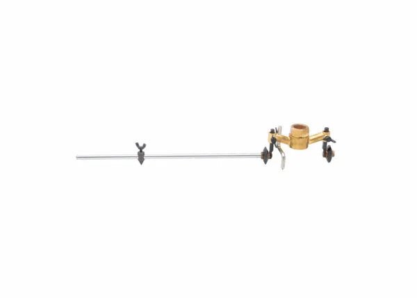 The Harris R-69-3B Circle Cutting Attachment (4300200) features a brass clamp holder with two thumbscrews, a circular opening, extra screw clamps, and a butterfly nut for secure adjustments along the metal support rod.