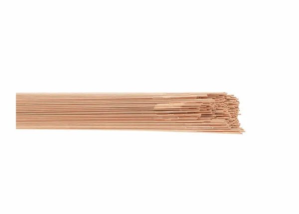 A bundle of Harris R45 W1060 Copper-Coated Oxy-Fuel TIG GTAW Welding Rods, 1/16 x 36, 10LB Box (W1060310), is shown horizontally against a plain white background with aligned, closely packed rod ends visible on the right.