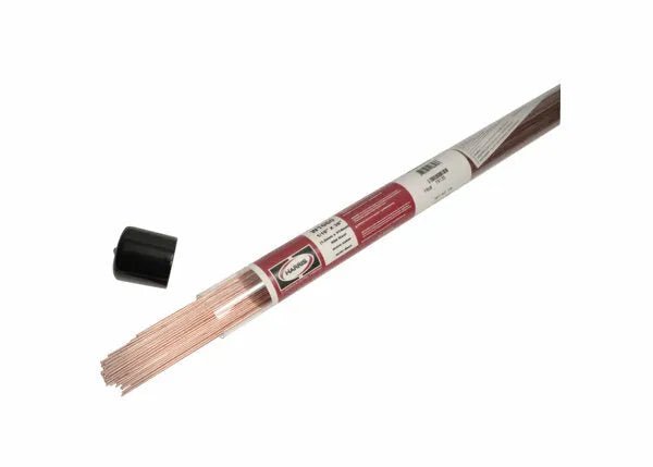 A bundle of Harris R45 W1060 Copper-Coated Oxy-Fuel TIG GTAW Welding Rods (1/16, 36, 1LB, Tube - W106030U) partially slides out of its labeled cylindrical plastic container with a black cap and barcode on a white background.