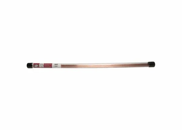 A Harris R45 W1060 Copper-Coated Oxy-Fuel TIG GTAW Welding Rod, 1/16 x 36, with black plastic caps and a label with text and barcode near one end, lies horizontally on a plain white background.