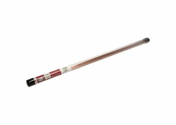 A single Harris R45 W1060 Copper-Coated Oxy-Fuel TIG GTAW Welding Rod, 1/8 x 36, displayed against a plain white background, with a white and red label on one end and black protective caps on both ends.