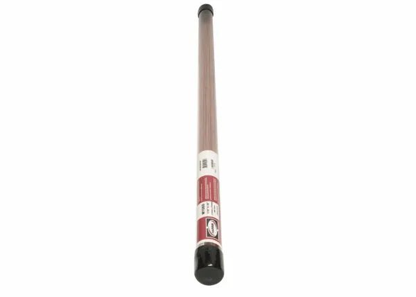A Harris R45 W1060 Copper-Coated Oxy-Fuel TIG GTAW Welding Rod, 1/8 x 36, 50LB Box (W106060U), is shown in a clear plastic tube with black end caps and a red and white label, angled against a white background.