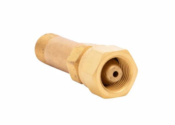 Harris Regulator CGA 200 inlet fitting assembly M15 x 1/6g RH 9100934 for welding gas equipment, hex nut, threaded ends, white background.