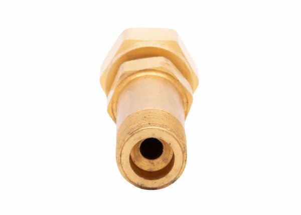 Close-up of Harris Regulator CGA 200 inlet fitting, M15 x 1/6g RH, welding accessory—threaded, hex top. WeldingMart tool.
