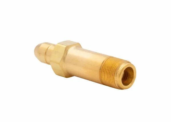 Harris Regulator Inlet Stem 9000667, brass hex nut, threaded end, tapered barb for welding equipment, on white background.