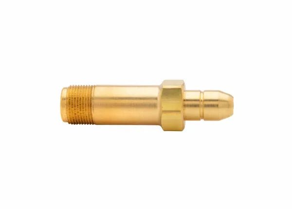 Harris Regulator Inlet Stem CGA 200 RH x 2.5"L for welding, threaded with hex nut, brass fitting, shown on white background.