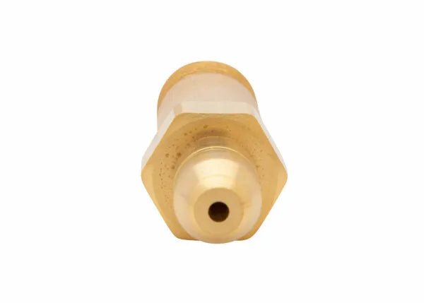 Brass Harris Regulator Inlet Stem CGA 200 M15 x 1/6gr RH 2.5"L, welding equipment accessory, tip view on white background.