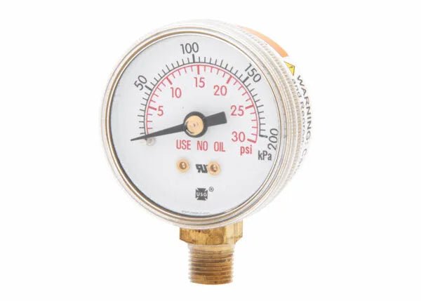 Harris 1.5 in. Regulator Pressure Gauge for welding, 0-30 psi/0-200 kPa, brass bottom, "USE NO OIL" warning, needle at zero.