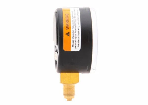 Side view of a Harris 50mm pressure gauge with a black casing, brass connector, and warning label on the side, designed to measure up to 400 PSI, against a white background.