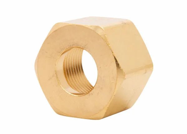Harris RH Manifold Union Nut 9005701 for welding systems, brass hex nut 1"-11.5 NPS, 3000 psi, welding accessory on white.