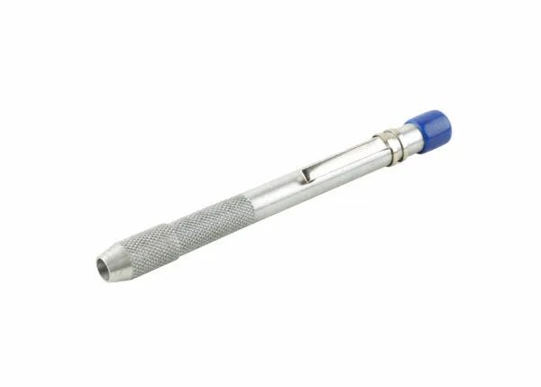 Harris ROUND SOAPSTONE HOLDER 3011011, silver metal welding accessory with textured grip, blue cap, on white background.