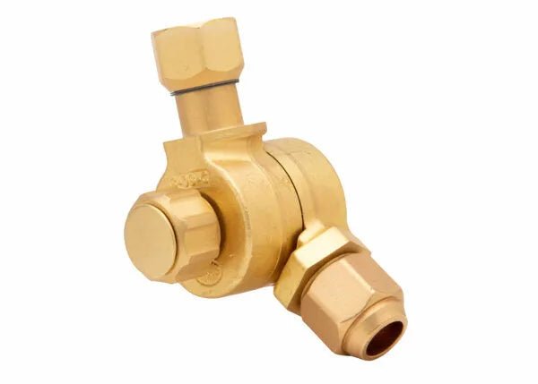 A brass refrigeration access valve with multiple threaded connections and an adjustable tip adapter, isolated on a white background.