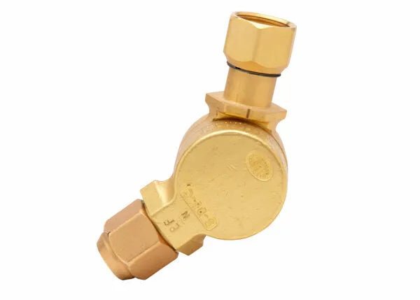 A brass angled compression valve with hexagonal fittings on both ends, compatible with adjustable tip adapter setups for various plumbing or gas applications, isolated on a white background.