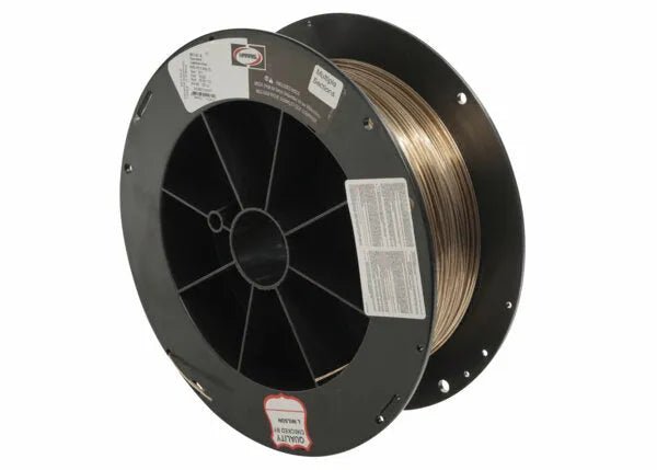 A large black spool labeled Harris 30CW075100SP - Safety-Silv 30CW Flux-Cored Silver Brazing Alloy - 0.075 in (1.9 mm) - 100 toz holds shiny, cadmium-free brazing wire neatly coiled around its central mounting hole.