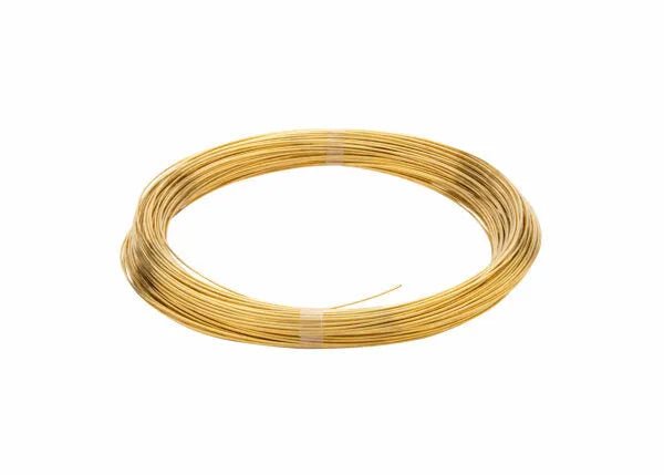 A Harris 35350 - Safety-Silv 35 high silver brazing alloy coil (1/16 in., 50 troy oz.) is wound neatly in a circle with two white bands holding it, shown on a plain white background, with one end of the wire slightly protruding.