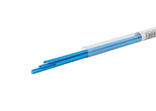 A transparent tube holds several Harris 40F3184 Safety-Silv 40 flux-coated high silver brazing alloy rods (1/16 x 18 in.), cadmium-free, with the uniform blue rods partially protruding, shown on a white background. Tube contains nine sticks.