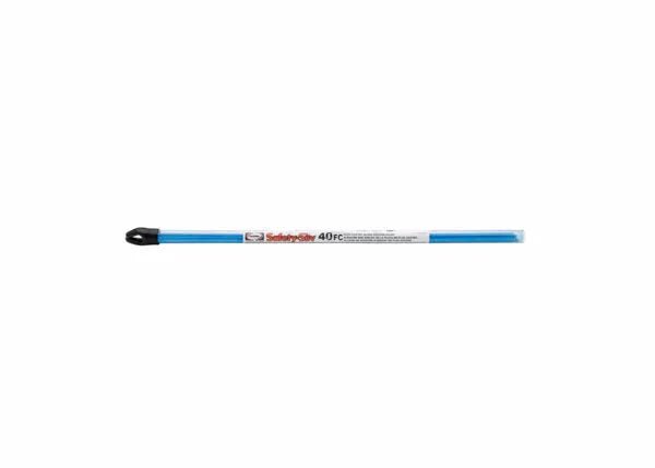 A long, blue Harris 40F3184 Safety-Silv 40 flux-coated high silver brazing alloy (1/16 x 18 in.) with a black cap and center label rests unused on a plain white background. Compatible with cadmium-free silver brazing applications.
