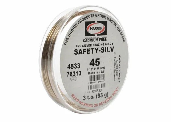A 93g (3 troy oz) cup of Harris 4533 Safety-Silv 45 silver brazing alloy, cadmium-free, in 1/16 (1.6mm) wire; features product numbers and safety info on the package.