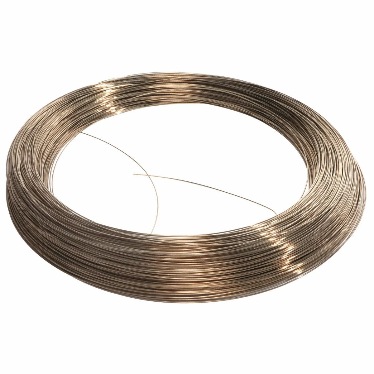 A coil of Harris 45150H Safety-Silv 45 silver brazing alloy, 1/32 in (0.8 mm) thick and silver-gray in color, is neatly wound with one end protruding slightly; photographed against a plain white background.