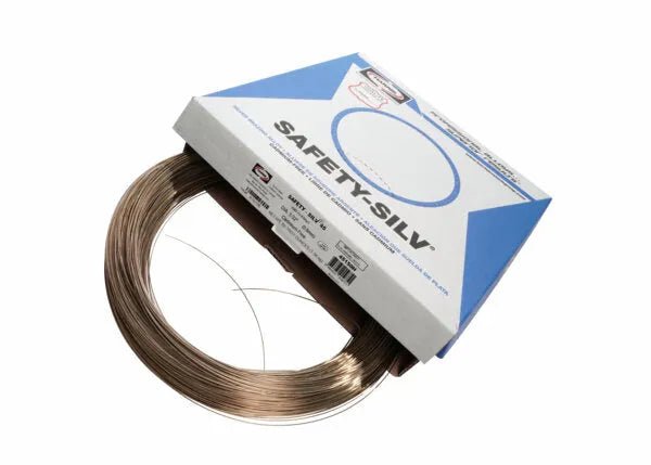 A coiled spool of Harris 45150H Safety-Silv 45 silver brazing alloy wire, 1/32 in (0.8 mm), is partially pulled from its branded white and blue box (50 toz coil/box) against a plain white background.