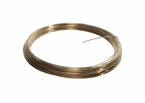 A coil of Harris 45325H - Safety-Silv 45 Silver Brazing Alloy, 1/16 in (1.6 mm), 25 toz, is pictured on a plain white background, its smooth metallic wire reflecting light and one end extending outward.
