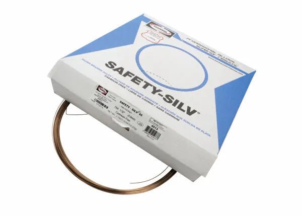 A coil of Harris 4513 - Safety-Silv® 45 high silver brazing alloy (1/32 in., 1 ea., 3 toz. cup) extends from a white and blue SAFETY-SILV. box with branding, specifications, and a round cutout revealing the wire inside.