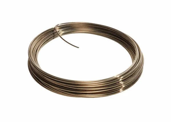 A neatly coiled loop of shiny metallic wire, identified as Harris 45650H - Safety-Silv 45 high silver brazing alloy (1/8 in., 50 toz. coil), is shown on a white background with one end slightly protruding.