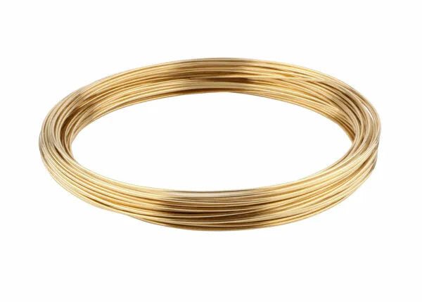 A neatly coiled loop of Harris 45550H Safety-Silv 45 Silver Brazing Alloy, 3/32 in (2.4 mm), forms a smooth, shiny golden circle with tucked-in ends, displayed against a white background. Coil weighs 50 troy ounces per box.